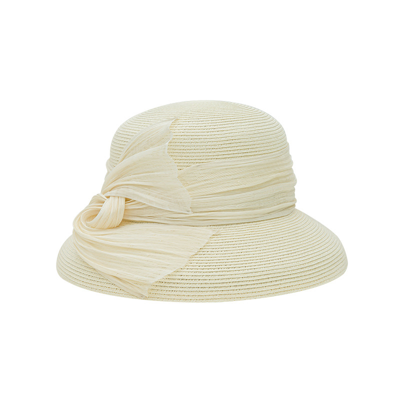 夏季新款太阳帽防晒遮阳帽女透气麻纱装饰赫本风草帽